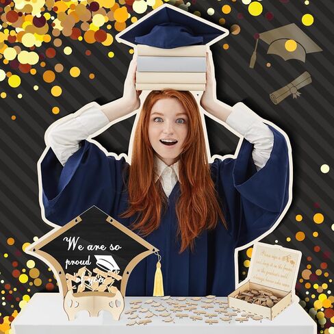 2024 Graduation Guest Book Alternative Graduation Cap Scroll Collecting Name Drop Sign Book with 50 Wooden Scroll and Cap 1 Box 1 Pen for 2024 Congrats Graduation Party(Black and Gold) in Saudi Arabia