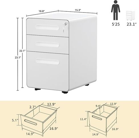 DWVO Vertical File Cabinets, 3-Drawer Mobile Filing Cabinet with Lock, Metal Under-Desk Storage for Legal/A4 Documents, Pre-Assembled for Home/Office, White in Saudi Arabia