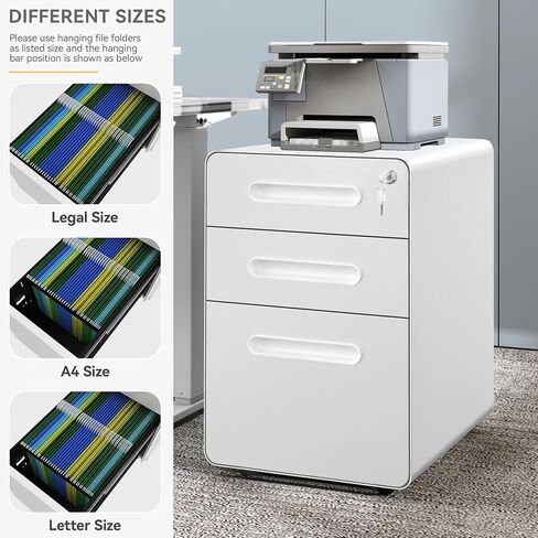 DWVO Vertical File Cabinets, 3-Drawer Mobile Filing Cabinet with Lock, Metal Under-Desk Storage for Legal/A4 Documents, Pre-Assembled for Home/Office, White in Saudi Arabia