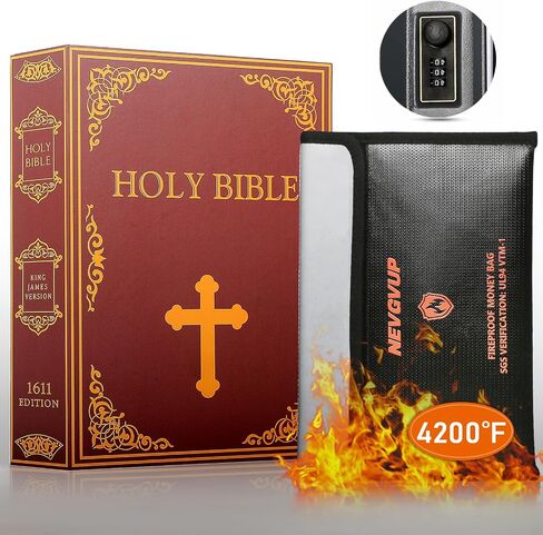 Diversion Book Safe with 4200°F Fireproof Money Bag and Combination Lock, 10.5" x 7.9" x 2.5" Fake Book Hidden Storage Safe, Hollow Secret Portable Metal Storage Box for Cash, Valuables - Bible in Kuwait