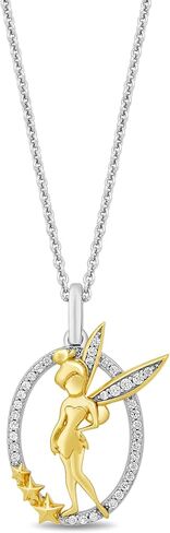 Jewelili Enchanted Disney Fine Jewelry 14K Yellow Gold Over Sterling Silver 1/10 Cttw Natural White Round Diamond Tinker Bell Pendant Necklace, 18" Cable Chain in Saudi Arabia