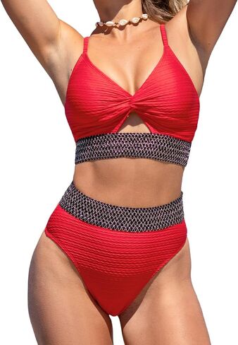 CUPSHE Women's Bikini Sets High Waisted V Neck Twist Cutout Color Block Crisscross Back Bathing Suit in Saudi Arabia