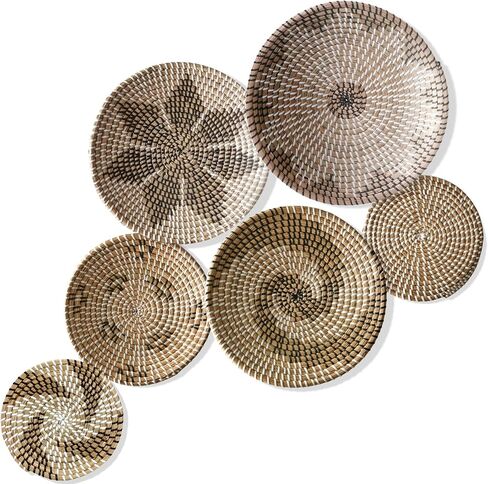 Hanging Wall Basket Decor Set of 6, Seagrass Boho Wall Decor Baskets with 10 Hooks, Natural Handmade Round Wicker Wall Decor for Living Room Wall Art in Saudi Arabia