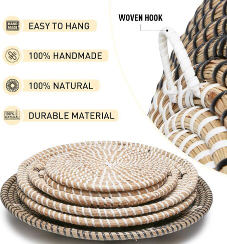 Hanging Wall Basket Decor Set of 6, Seagrass Boho Wall Decor Baskets with 10 Hooks, Natural Handmade Round Wicker Wall Decor for Living Room Wall Art in Saudi Arabia