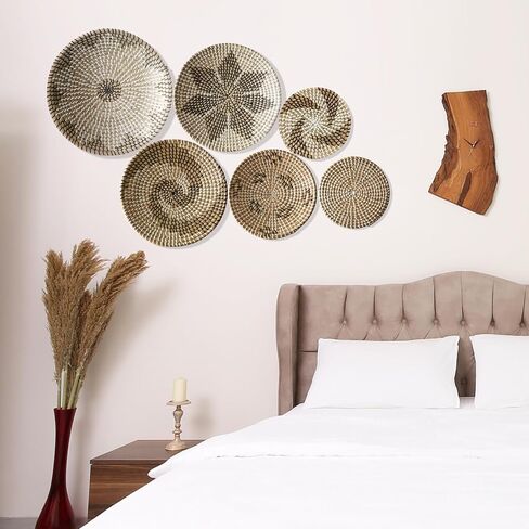 Hanging Wall Basket Decor Set of 6, Seagrass Boho Wall Decor Baskets with 10 Hooks, Natural Handmade Round Wicker Wall Decor for Living Room Wall Art in Saudi Arabia