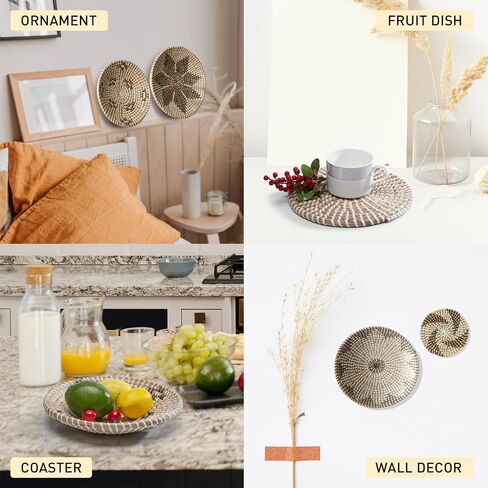 Hanging Wall Basket Decor Set of 6, Seagrass Boho Wall Decor Baskets with 10 Hooks, Natural Handmade Round Wicker Wall Decor for Living Room Wall Art in Saudi Arabia