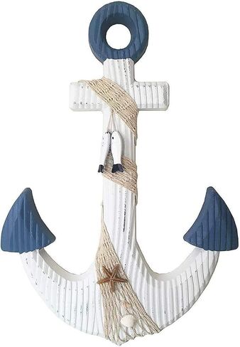 T&Garice Hanging Nautical Wooden Anchor Wall Decor,18''H,Rustic Anchor Wall Art Sculpture Beach Theme Home Decoration-White in Saudi Arabia