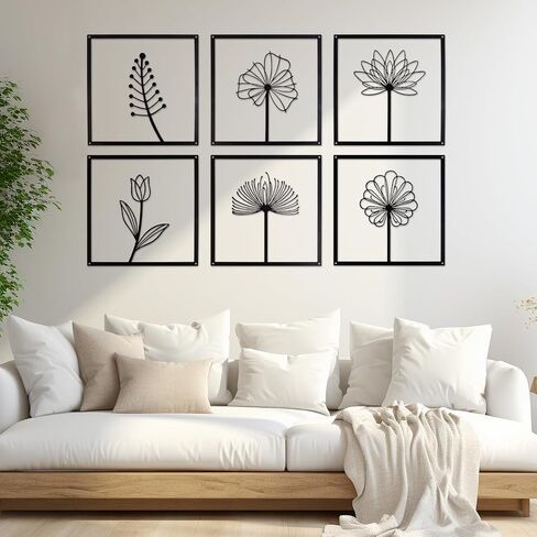 tatamelon 6pcs Black Metal Wall Art Decor, Modern Minimalist Wall Decor Hanging Flower Wall Sculpture Decor Flower Leaf Line Wall Décor for Living Room Bedroom Kitchen Bathroom Decoration in Saudi Arabia