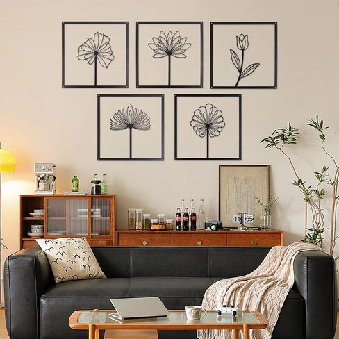 tatamelon 6pcs Black Metal Wall Art Decor, Modern Minimalist Wall Decor Hanging Flower Wall Sculpture Decor Flower Leaf Line Wall Décor for Living Room Bedroom Kitchen Bathroom Decoration in Saudi Arabia