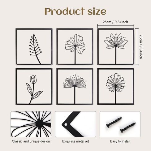 tatamelon 6pcs Black Metal Wall Art Decor, Modern Minimalist Wall Decor Hanging Flower Wall Sculpture Decor Flower Leaf Line Wall Décor for Living Room Bedroom Kitchen Bathroom Decoration in Saudi Arabia