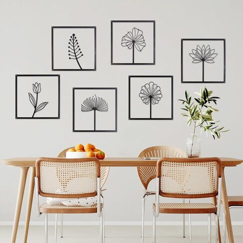 tatamelon 6pcs Black Metal Wall Art Decor, Modern Minimalist Wall Decor Hanging Flower Wall Sculpture Decor Flower Leaf Line Wall Décor for Living Room Bedroom Kitchen Bathroom Decoration in Saudi Arabia