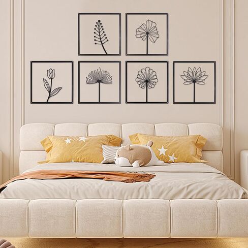 tatamelon 6pcs Black Metal Wall Art Decor, Modern Minimalist Wall Decor Hanging Flower Wall Sculpture Decor Flower Leaf Line Wall Décor for Living Room Bedroom Kitchen Bathroom Decoration in Saudi Arabia