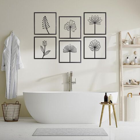 tatamelon 6pcs Black Metal Wall Art Decor, Modern Minimalist Wall Decor Hanging Flower Wall Sculpture Decor Flower Leaf Line Wall Décor for Living Room Bedroom Kitchen Bathroom Decoration in Saudi Arabia