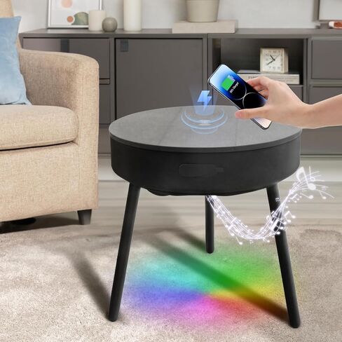 LED Coffee Table with Charging Station Wireless and USB RGB Coffee Table with LED Lights and Bluetooth Speakers,Outdoor Patio Coffee Table Round for Living Room Office(Grey) in Saudi Arabia