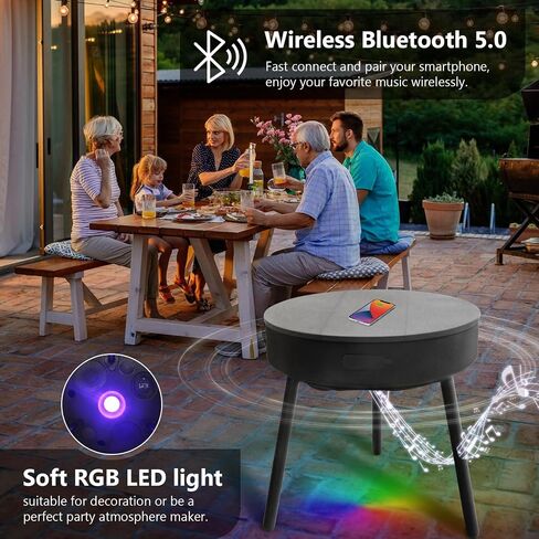 LED Coffee Table with Charging Station Wireless and USB RGB Coffee Table with LED Lights and Bluetooth Speakers,Outdoor Patio Coffee Table Round for Living Room Office(Grey) in Saudi Arabia
