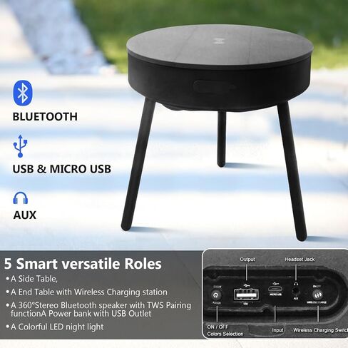 LED Coffee Table with Charging Station Wireless and USB RGB Coffee Table with LED Lights and Bluetooth Speakers,Outdoor Patio Coffee Table Round for Living Room Office(Grey) in Saudi Arabia