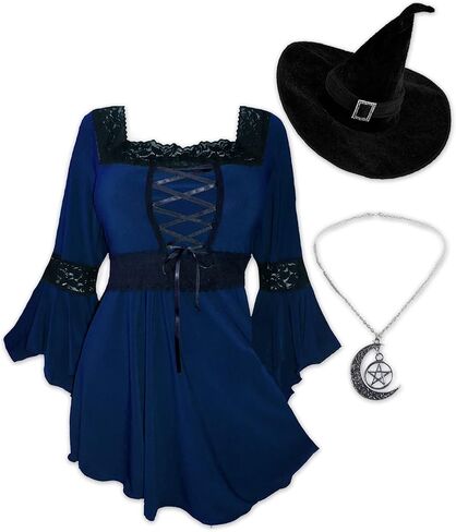 Dare to Wear Spellcaster Witch Costume: Pentagram Pendant, Velour Hat, and Victorian Gothic Women's Renaissance Top in Saudi Arabia