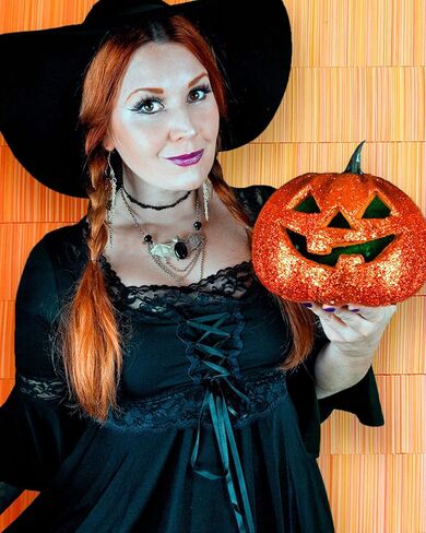 Dare to Wear Spellcaster Witch Costume: Pentagram Pendant, Velour Hat, and Victorian Gothic Women's Renaissance Top in Saudi Arabia