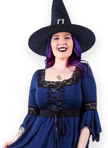 Dare to Wear Spellcaster Witch Costume: Pentagram Pendant, Velour Hat, and Victorian Gothic Women's Renaissance Top in Saudi Arabia