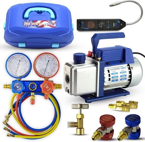 HVAC Vacuum Pump Kit: 4.5CFM Air Pump, AC Vacuum Pump and Gauge Set with R134 Can Tap Valve and Leak Detector; AC Vacuum Pump and Gauges in Heavy Duty Case Refrigeration Tools in Kuwait