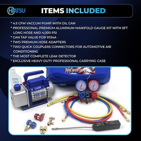 HVAC Vacuum Pump Kit: 4.5CFM Air Pump, AC Vacuum Pump and Gauge Set with R134 Can Tap Valve and Leak Detector; AC Vacuum Pump and Gauges in Heavy Duty Case Refrigeration Tools in Kuwait