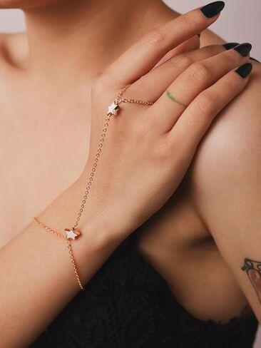 LIU JUN Hand Chain Bracelet For Women, 14k Finger Ring Chains Bracelets Heart Infinity Summer Minimalist Boho Beach Stainless Steel Gift Jewelry in Saudi Arabia