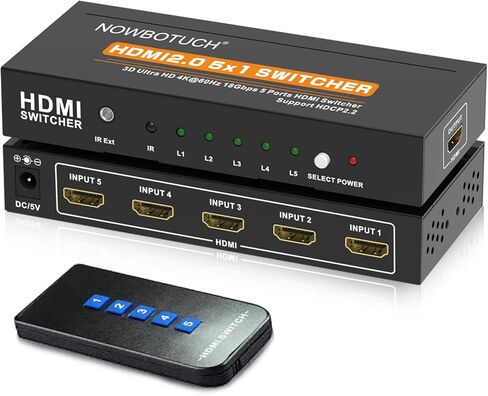 4K@60Hz 5x1 HDMI 2.0 Switch HDMI Selector Switch 5 Port HDR IR Remote 4Kx2K HDMI Selector Box 5 in 1 Out UHD 4K HDMI Switcher Support HDR 18Gps HDCP 2.2 Dolby Vision Ultra HD 3D 2160P 1080P in Kuwait