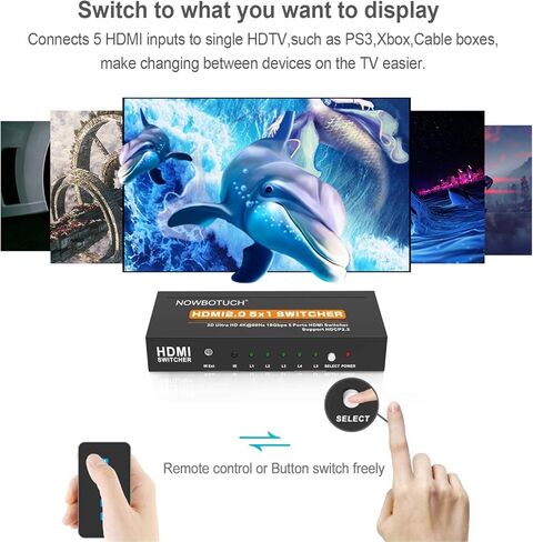 4K@60Hz 5x1 HDMI 2.0 Switch HDMI Selector Switch 5 Port HDR IR Remote 4Kx2K HDMI Selector Box 5 in 1 Out UHD 4K HDMI Switcher Support HDR 18Gps HDCP 2.2 Dolby Vision Ultra HD 3D 2160P 1080P in Kuwait