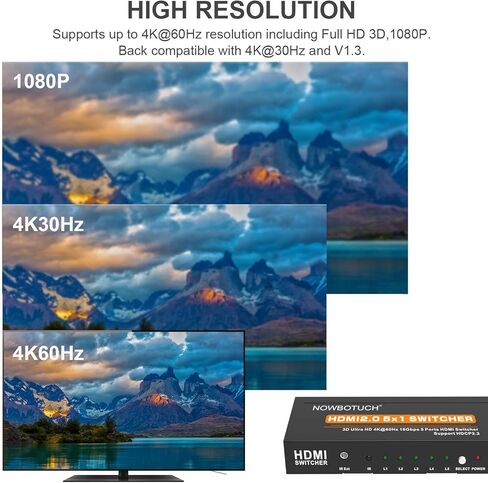 4K@60Hz 5x1 HDMI 2.0 Switch HDMI Selector Switch 5 Port HDR IR Remote 4Kx2K HDMI Selector Box 5 in 1 Out UHD 4K HDMI Switcher Support HDR 18Gps HDCP 2.2 Dolby Vision Ultra HD 3D 2160P 1080P in Kuwait