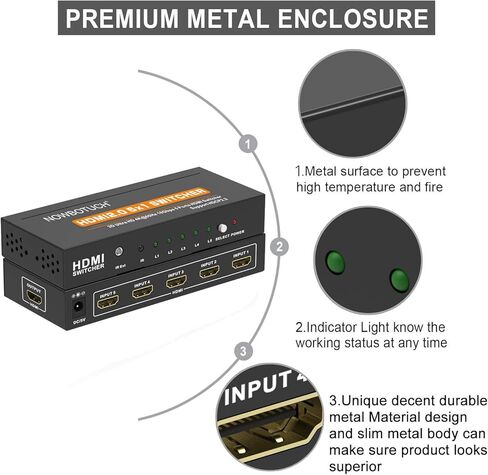 4K@60Hz 5x1 HDMI 2.0 Switch HDMI Selector Switch 5 Port HDR IR Remote 4Kx2K HDMI Selector Box 5 in 1 Out UHD 4K HDMI Switcher Support HDR 18Gps HDCP 2.2 Dolby Vision Ultra HD 3D 2160P 1080P in Kuwait