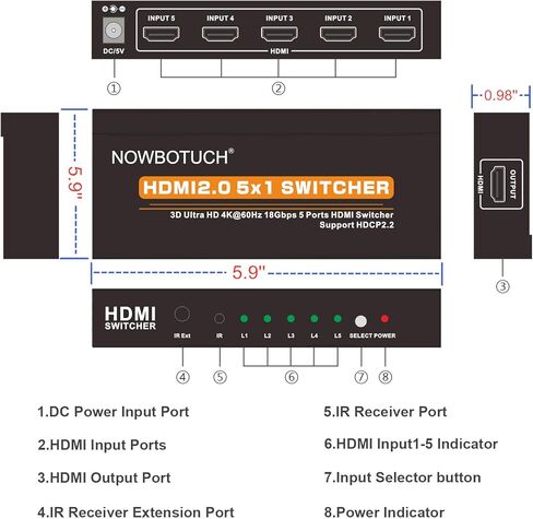 4K@60Hz 5x1 HDMI 2.0 Switch HDMI Selector Switch 5 Port HDR IR Remote 4Kx2K HDMI Selector Box 5 in 1 Out UHD 4K HDMI Switcher Support HDR 18Gps HDCP 2.2 Dolby Vision Ultra HD 3D 2160P 1080P in Kuwait