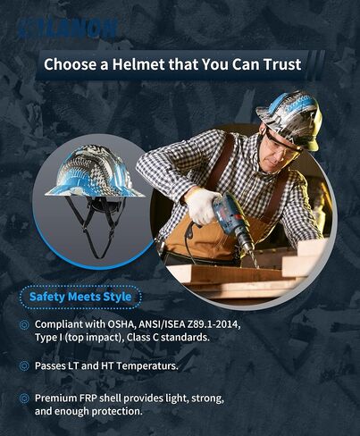 LANON Full Brim Hard Hat, OSHA Construction Work Approved, Blue Pattern Design, FRP Safety Helmet with 4 Point Adjustable Ratchet Suspension, Class C in Saudi Arabia