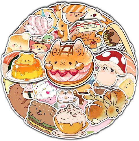 Pack 50 PCS Kawaii Stickers Animal Food Word Cute Vsco Vinyl Sticker Decals Waterproof Aesthetic for Wall Laptop Bike Car Bumper Helmet Water Bottle for Kids Girls in Saudi Arabia