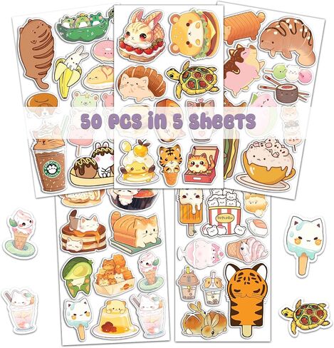 Pack 50 PCS Kawaii Stickers Animal Food Word Cute Vsco Vinyl Sticker Decals Waterproof Aesthetic for Wall Laptop Bike Car Bumper Helmet Water Bottle for Kids Girls in Saudi Arabia