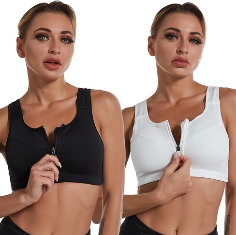 Womens 2 Pack High Impact Sports Bra - Zip Front - Wirefree and Removable Pads - Racerback Yoga Sports Tank Top in Saudi Arabia