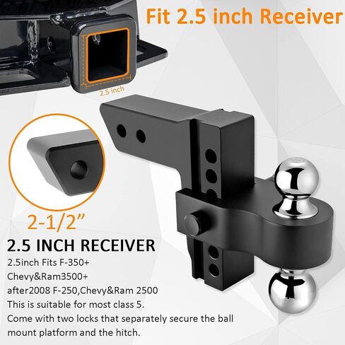 Adjustable Trailer Hitch- Drop Hitch/Tow Hitch with 2.5inch Receiver - 6" Drop/Rise with 2" and 2-5/16" Tow Balls-18500GTW with Double Anti-Theft Pins Locks, Black in Saudi Arabia