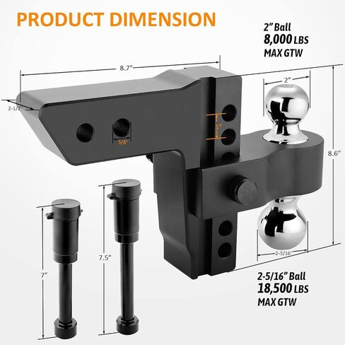 Adjustable Trailer Hitch- Drop Hitch/Tow Hitch with 2.5inch Receiver - 6" Drop/Rise with 2" and 2-5/16" Tow Balls-18500GTW with Double Anti-Theft Pins Locks, Black in Saudi Arabia