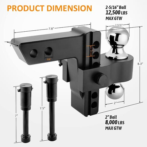 Adjustable Trailer Hitch- Drop Hitch/Tow Hitch with 2inch Receiver - 6" Drop/Rise with 2" and 2-5/16" Tow Balls-12500GTW with Double Anti-Theft Pins Locks, Black in Saudi Arabia