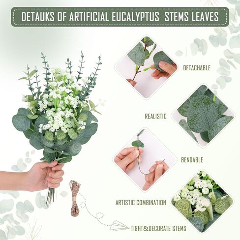 100 Pcs 4 Kinds Artificial Eucalyptus Stems, Mixed Faux Greenery Stems Fake Silver Dollar Eucalyptus Leaves Stems Bulk Babys Breath for DIY Bouquet Centerpieces in Saudi Arabia