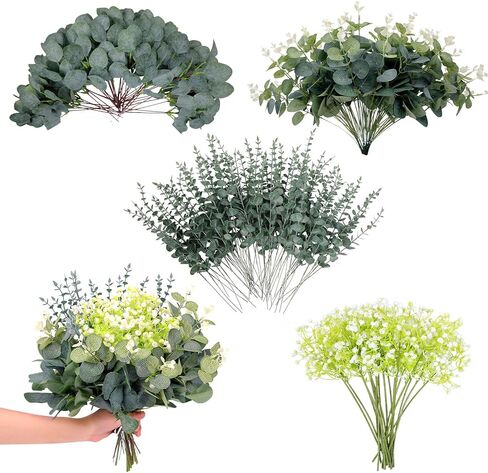 100 Pcs 4 Kinds Artificial Eucalyptus Stems, Mixed Faux Greenery Stems Fake Silver Dollar Eucalyptus Leaves Stems Bulk Babys Breath for DIY Bouquet Centerpieces in Saudi Arabia
