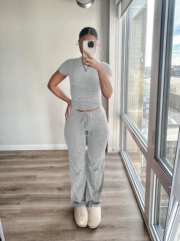 AYWA Women's 2 Piece Lounge Sets Slim Fit Short Sleeve T Shirts Straight Leg Pants Matching Casual Outfits in Kuwait
