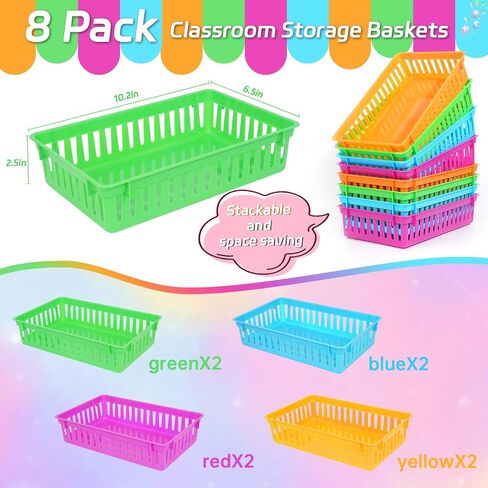 8 Pack Classroom Storage Baskets, Small Plastic Baskets for Organizing, Colorful Storage Trays, Crayon Pencil Containers Organizer Bins for Desk, Drawer, Home, Office in Saudi Arabia