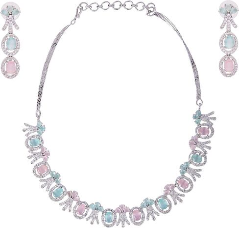 Bridal Jewelry Set Wedding, Necklace Dangle Earrings Set, Silver Plated Jewelry Set with Pink And White Crystal, Allergy Free Wedding Party Jewelry for Bridal Bridesmaid in Saudi Arabia