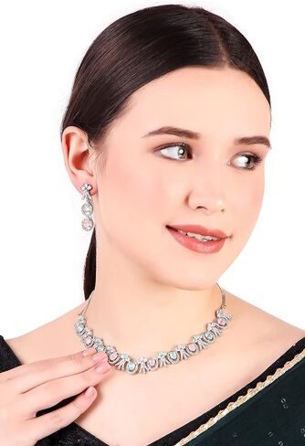 Bridal Jewelry Set Wedding, Necklace Dangle Earrings Set, Silver Plated Jewelry Set with Pink And White Crystal, Allergy Free Wedding Party Jewelry for Bridal Bridesmaid in Saudi Arabia