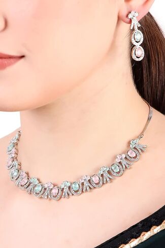 Bridal Jewelry Set Wedding, Necklace Dangle Earrings Set, Silver Plated Jewelry Set with Pink And White Crystal, Allergy Free Wedding Party Jewelry for Bridal Bridesmaid in Saudi Arabia