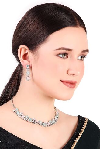 Bridal Jewelry Set Wedding, Necklace Dangle Earrings Set, Silver Plated Jewelry Set with Pink And White Crystal, Allergy Free Wedding Party Jewelry for Bridal Bridesmaid in Saudi Arabia