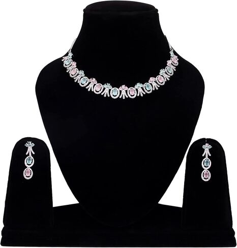 Bridal Jewelry Set Wedding, Necklace Dangle Earrings Set, Silver Plated Jewelry Set with Pink And White Crystal, Allergy Free Wedding Party Jewelry for Bridal Bridesmaid in Saudi Arabia