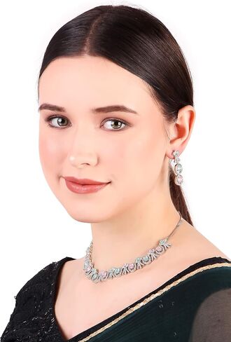 Bridal Jewelry Set Wedding, Necklace Dangle Earrings Set, Silver Plated Jewelry Set with Pink And White Crystal, Allergy Free Wedding Party Jewelry for Bridal Bridesmaid in Saudi Arabia