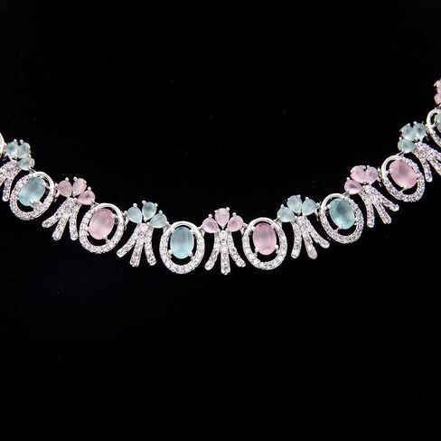 Bridal Jewelry Set Wedding, Necklace Dangle Earrings Set, Silver Plated Jewelry Set with Pink And White Crystal, Allergy Free Wedding Party Jewelry for Bridal Bridesmaid in Saudi Arabia