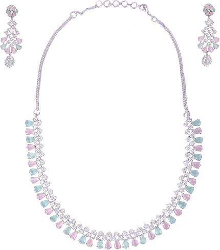 Bridal Jewelry Set Wedding, Necklace Dangle Earrings Set, Silver Plated Jewelry Set with Pink And White Crystal, Allergy Free Wedding Party Jewelry for Bridal Bridesmaid in Saudi Arabia